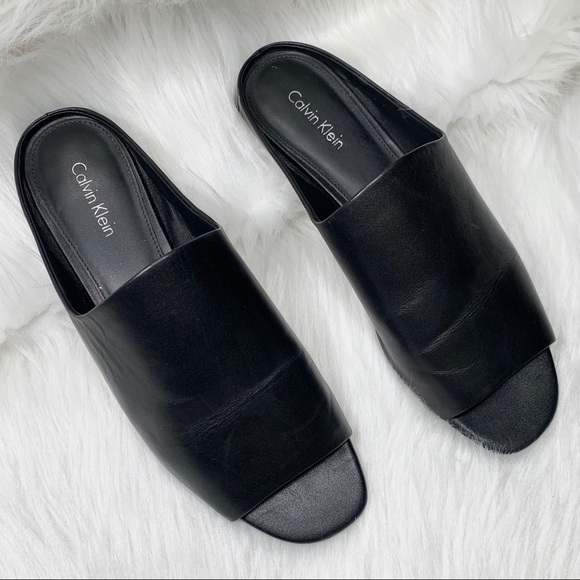 COPY - Calvin Klein Black Leather Peep Toe Slide Sandals - Picture 1 of 8